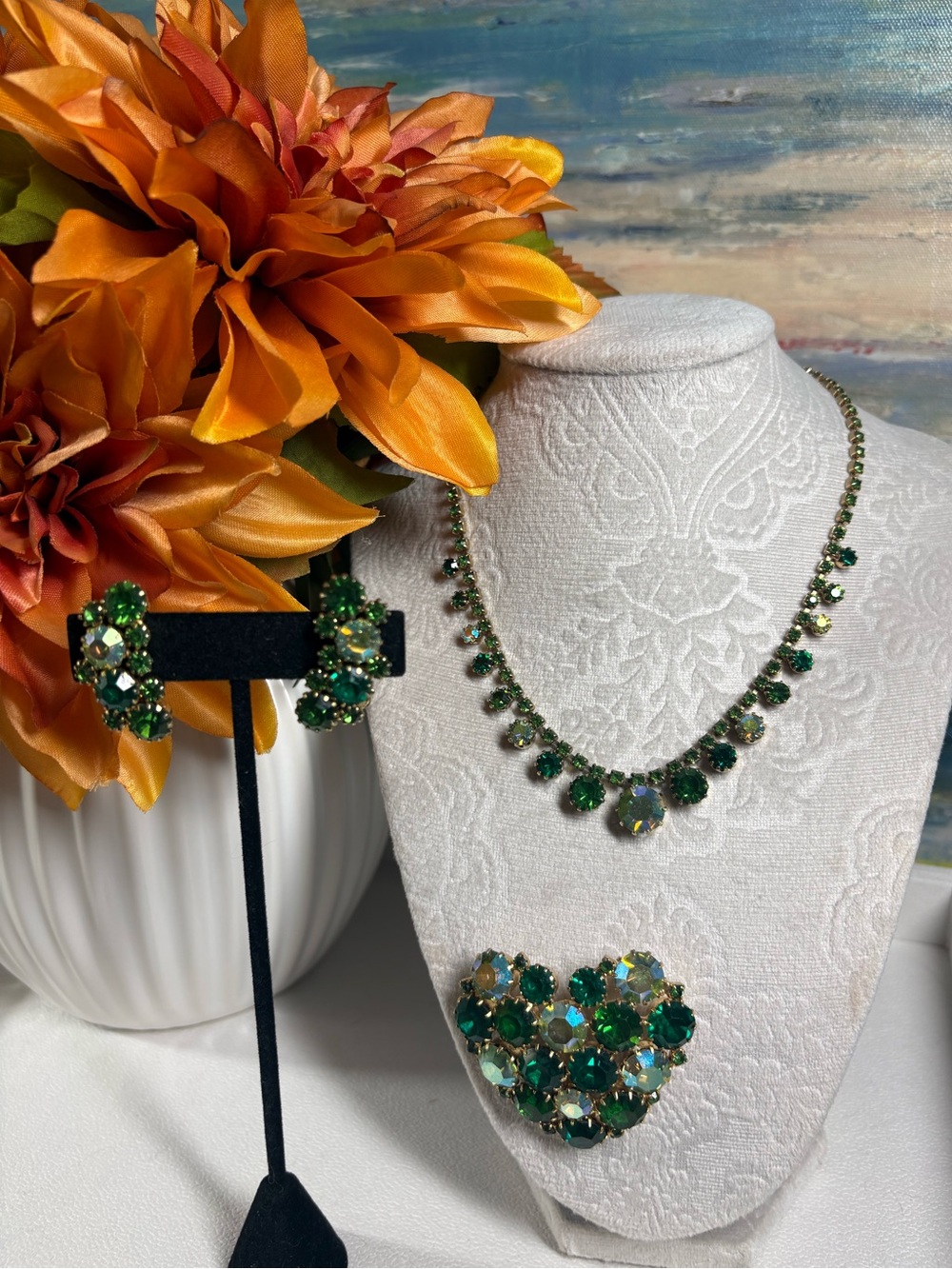 Vintage KARU Green Crystal Jewelry Set